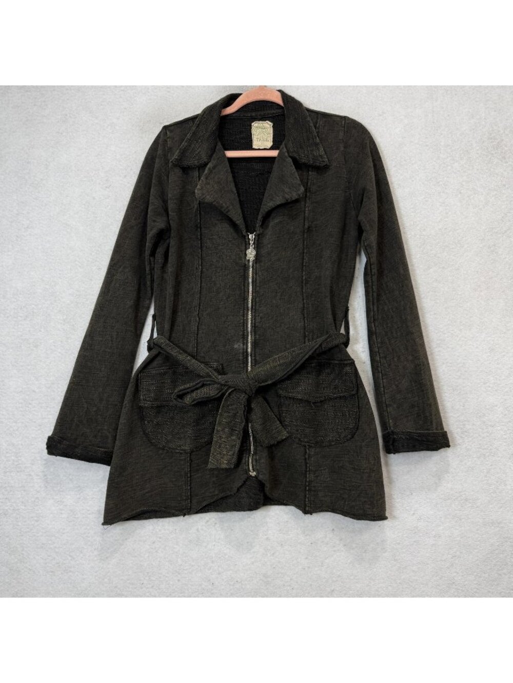 TREE Jacket Womens Small Gray 100% Cotton Knit Belted Full Zip Pockets USA